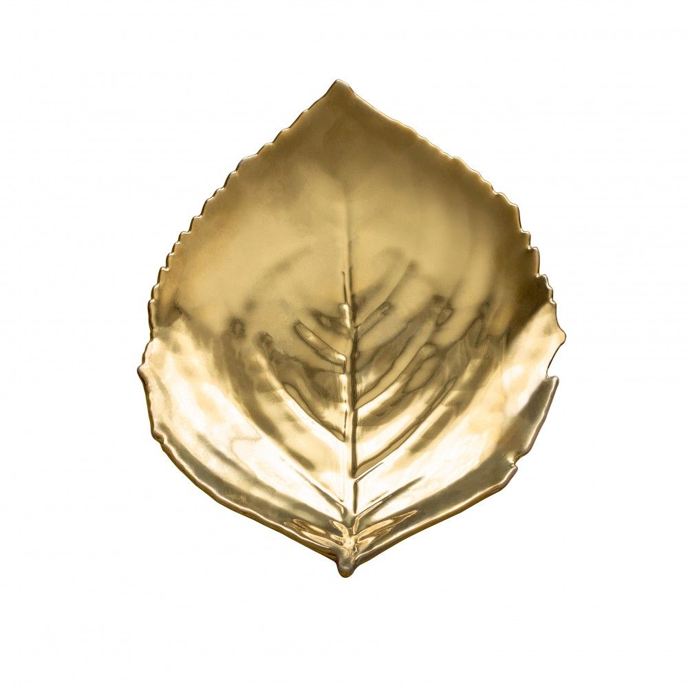 assiette dorée en forme de feuille d'hortensia à utiliser comme une vaisselle ou comme décoration.