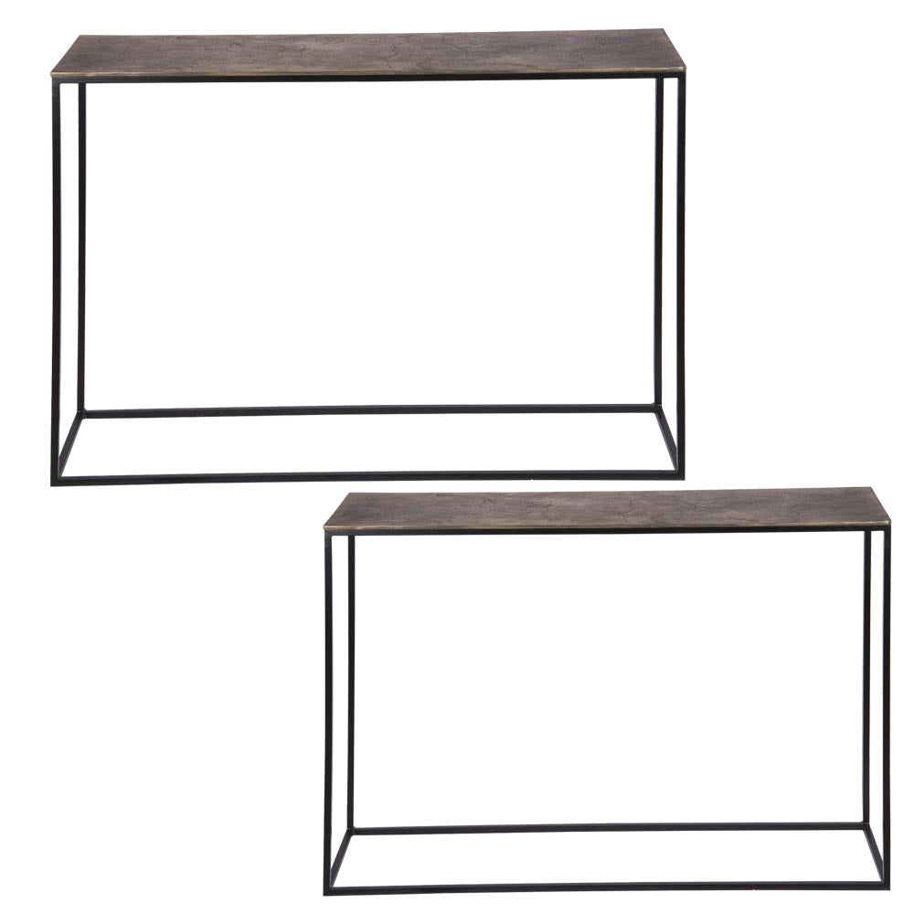 consoles de tailles 119x30x77cm et 96x24x70cm en métal doré et noir