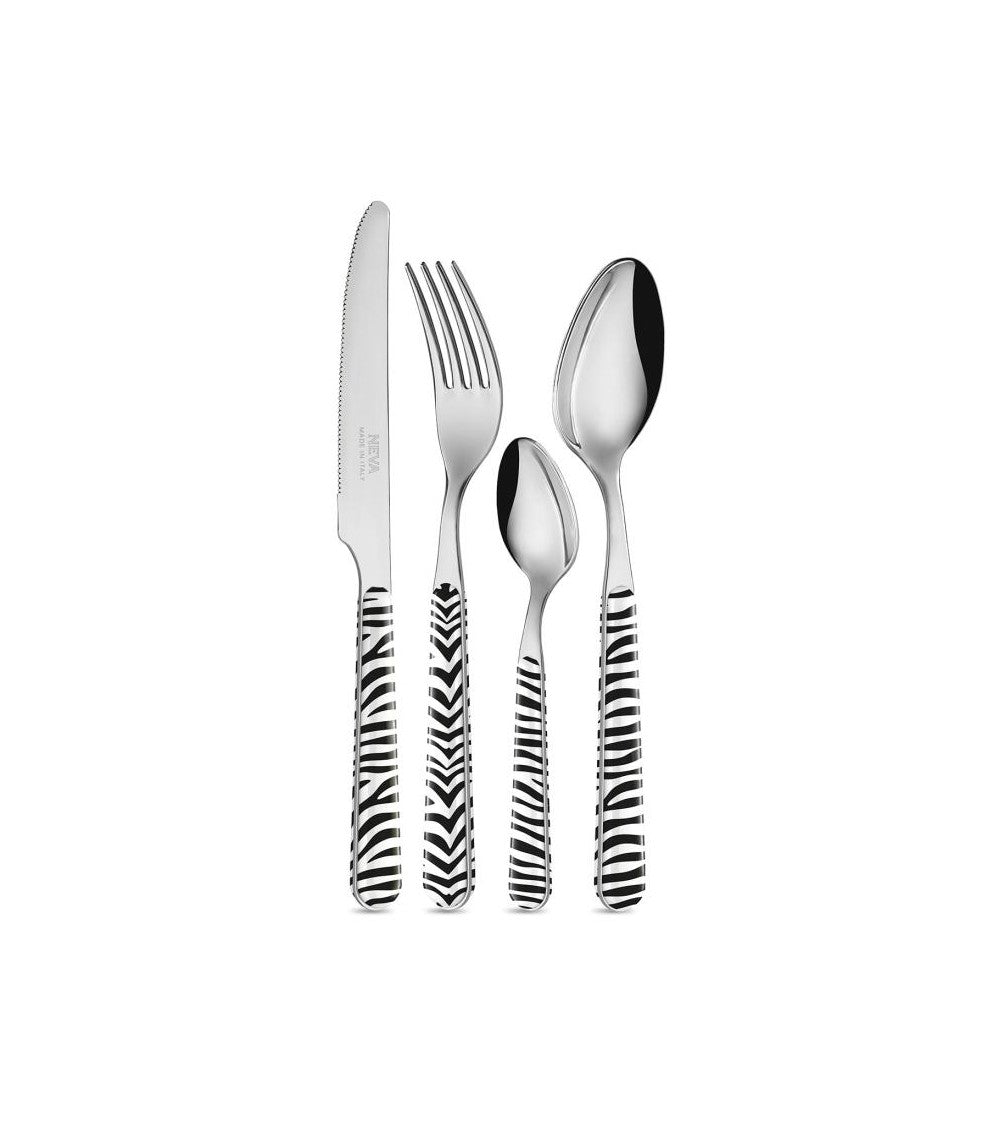 ménagère de 24 pièces : fourchettes, couteaux, grandes et petites cuillères manche avec imprmé zebre et inox - maison gabin décoration
