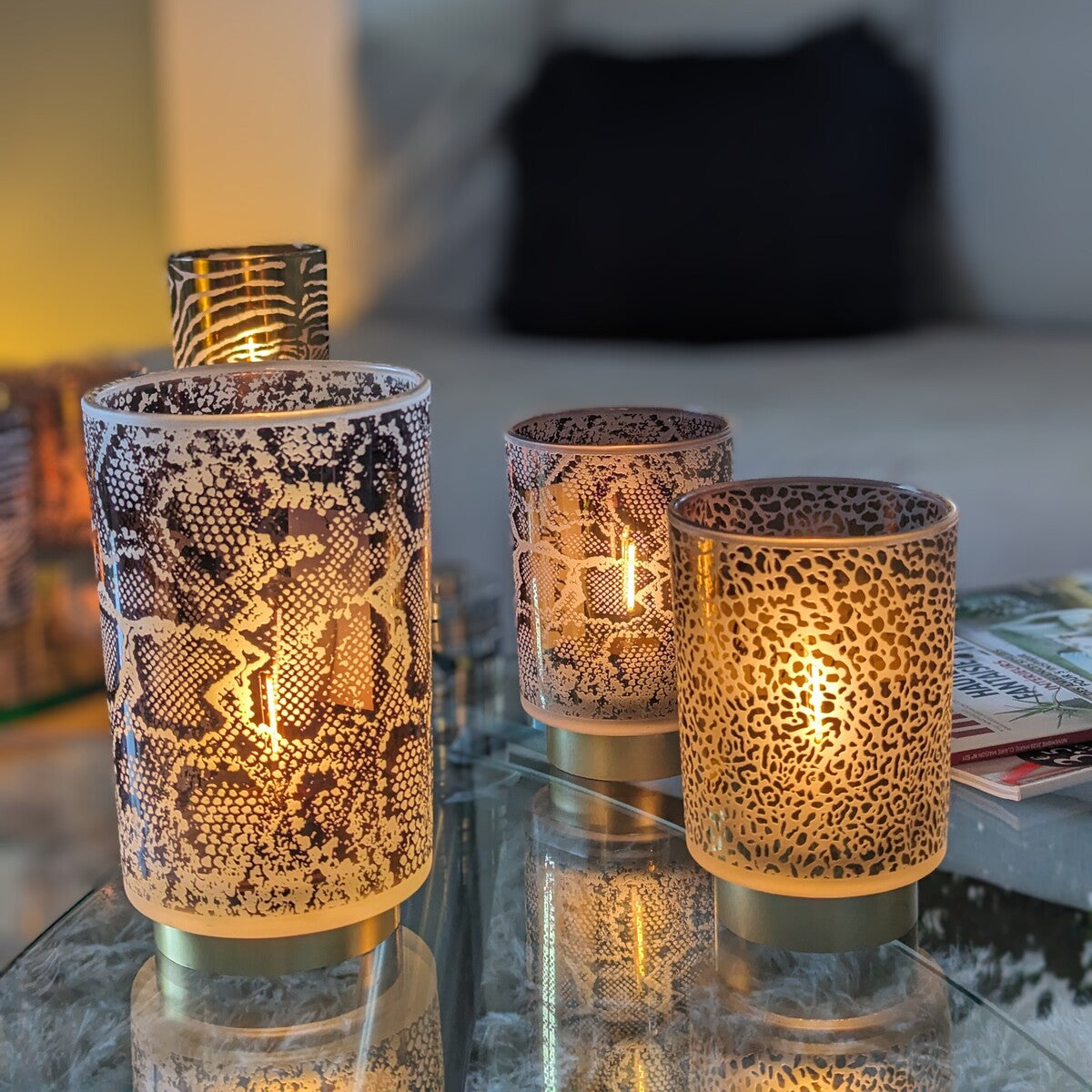 lampes de table et photophores avec imprimés serpent, zebre et léopard - maison gabin décoration