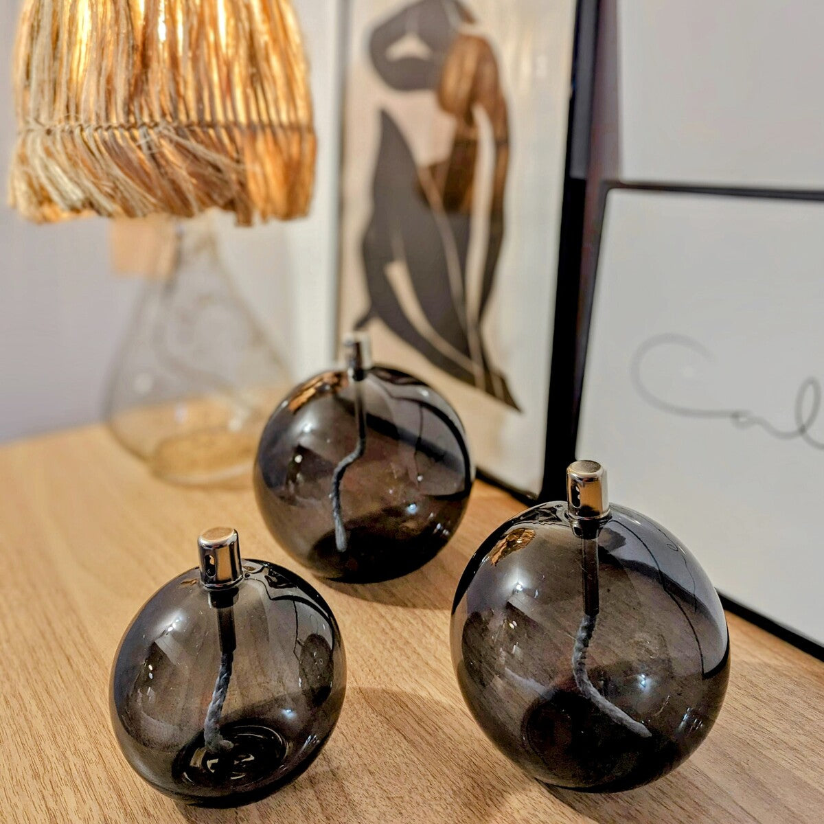 lampes à huile sphère taille S, M et XL en verre gris fumé