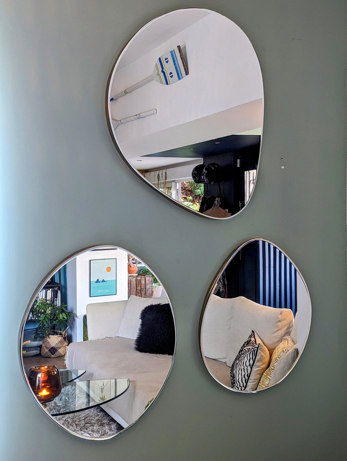 ensemble de 3 miroirs bulle de tailles différentes avec bord biseauté doré, de forme libre - maison gabin décoration