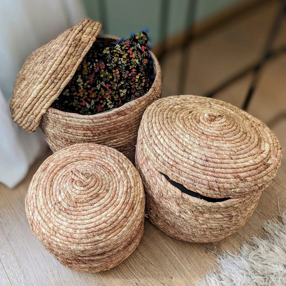 paniers en fibres de maïs 3 tailles et couvercle - maison gabin décoration