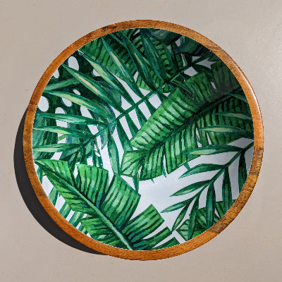 un saladier d30cm en bois de manguier avec un motif feuilles vertes exotiques - maison gabin décoration