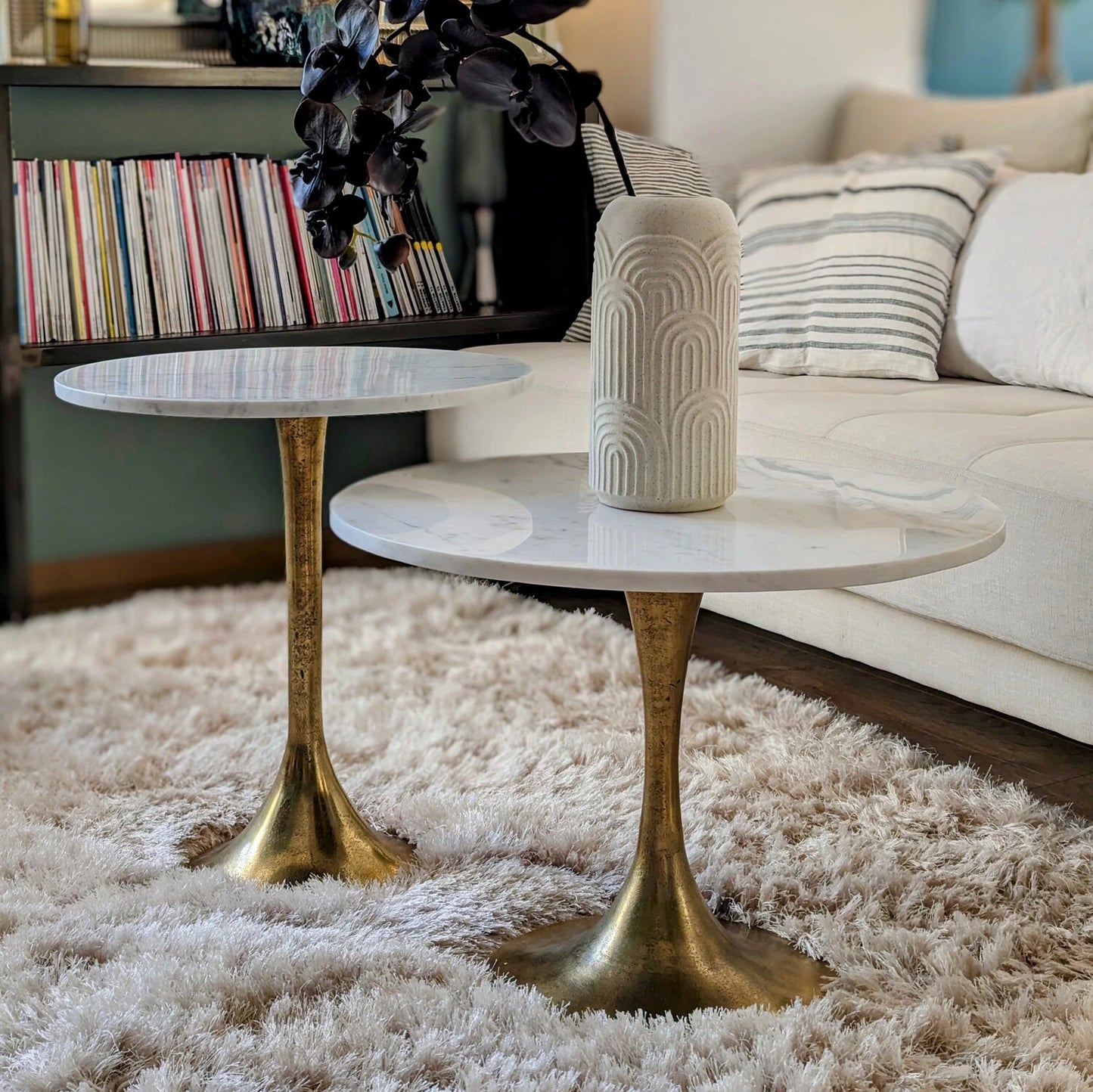 tables basse D59cm et d'appoint D48cm avec plateau en marbre blanc - maison gabin décoration