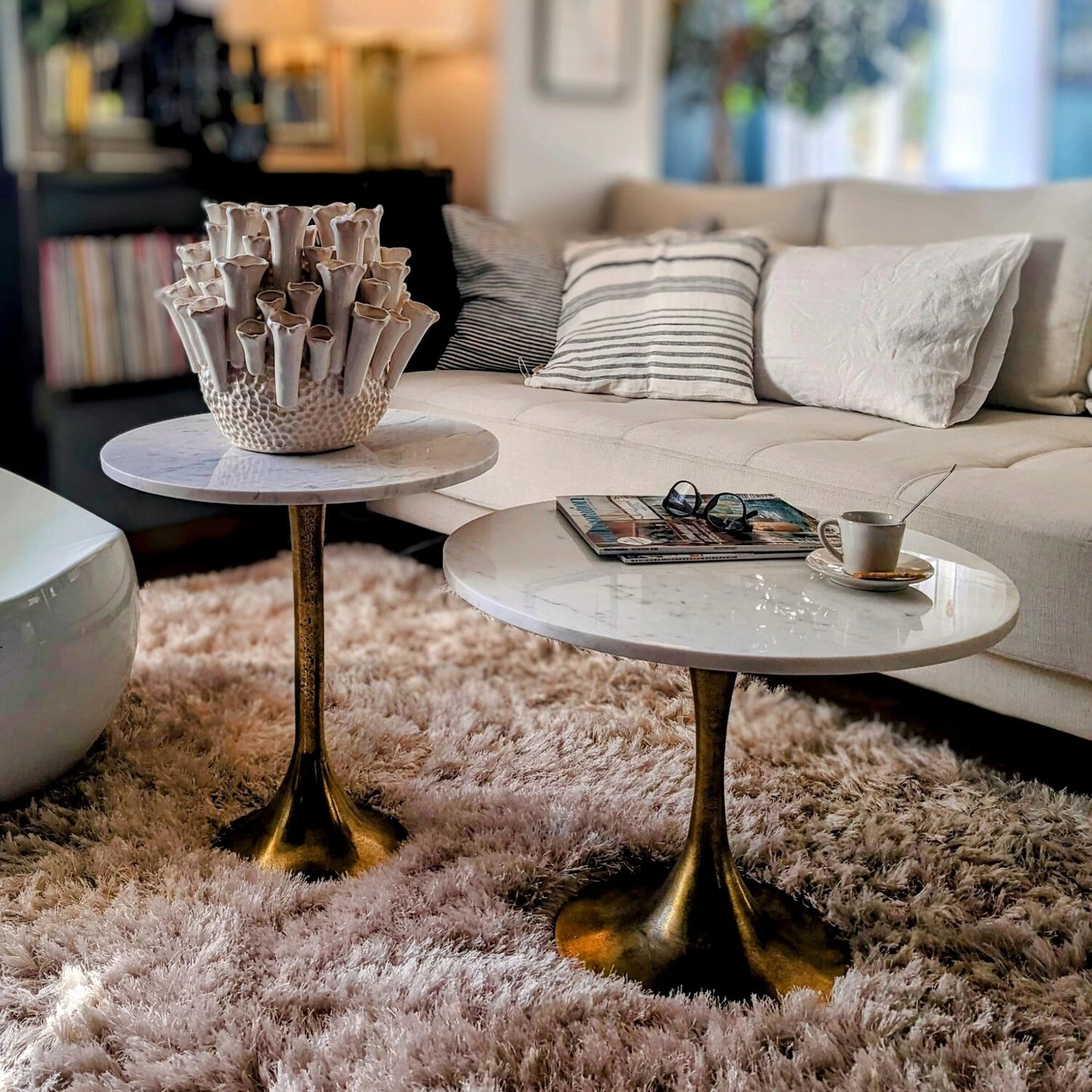tables basses marbre blanc D48cm et D59cm - maison gabin décoration