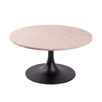 table en travertin et pied tulipe en métal noir - maison gabin décoration