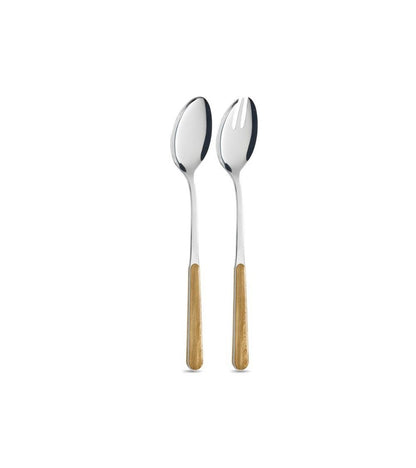 set de 2 couverts en inox originaux avec son manche imitation pin clair idéal pour servir la salade et autres plats. Maison Gabin décoration