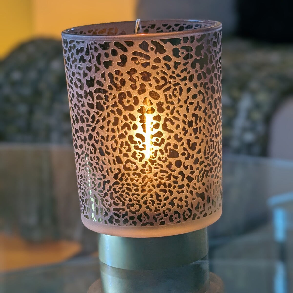 petite lampe de table D10cm en verre avec imprimé léopard