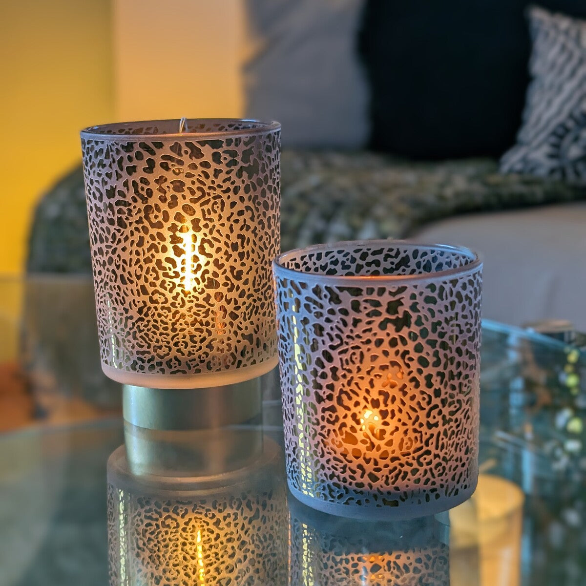petite lampe de table D10cm avec un photophore D9cm avec imprimé leopard