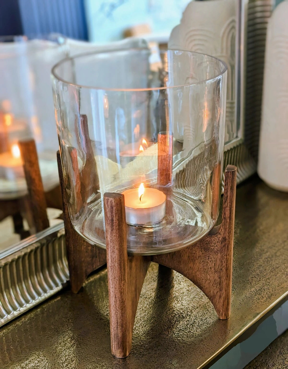 vase ou photophore en verre avec pied en bois de manguier D22cm - maison gabin décoration