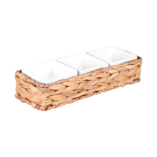 service apéritif  tressé en fibres naturelles avec 3 coupelles en porcelaine blanches - Maison gabin décoration