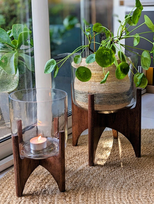 vase en verre et pied en bois de manguier brun D31.5cm et D22cm - maison gabin décoration